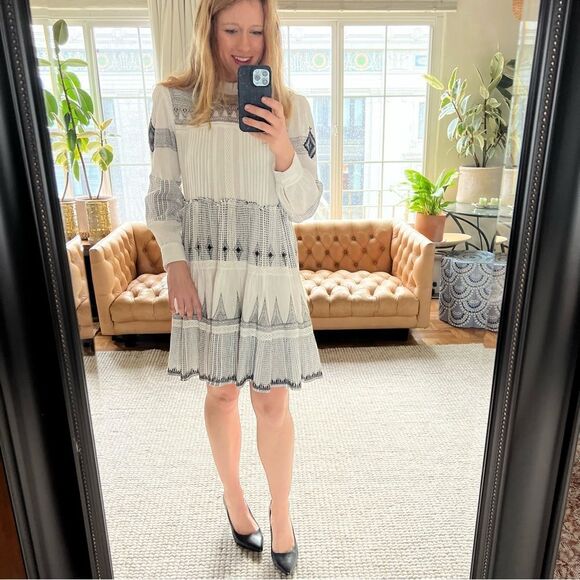 Zara Woman Embroidered Long Sleeve Tiered Dress Cream Black Size Small - Picture 1 of 10